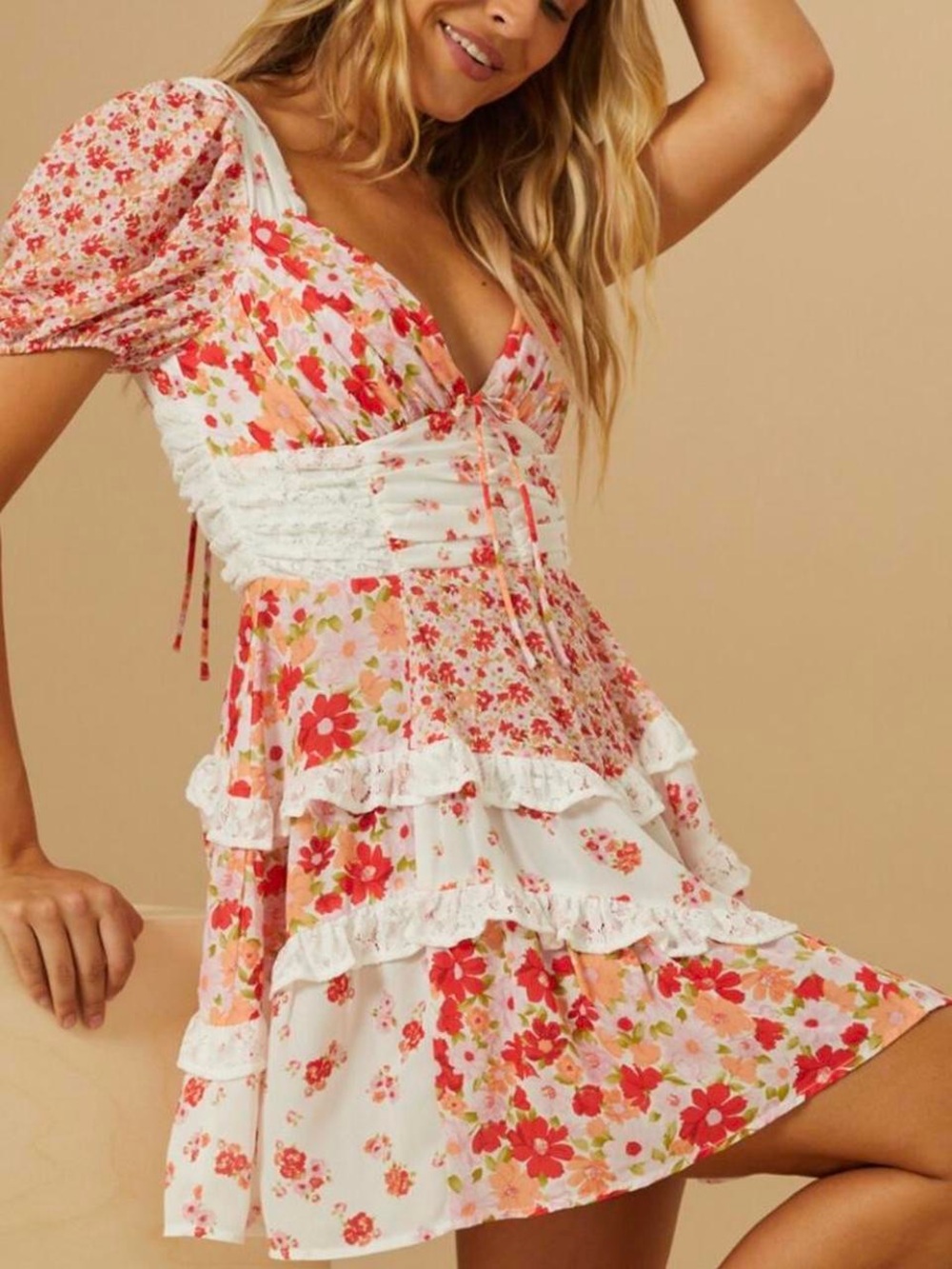 Altar’d State Aderny Floral Mini Dress Red&White